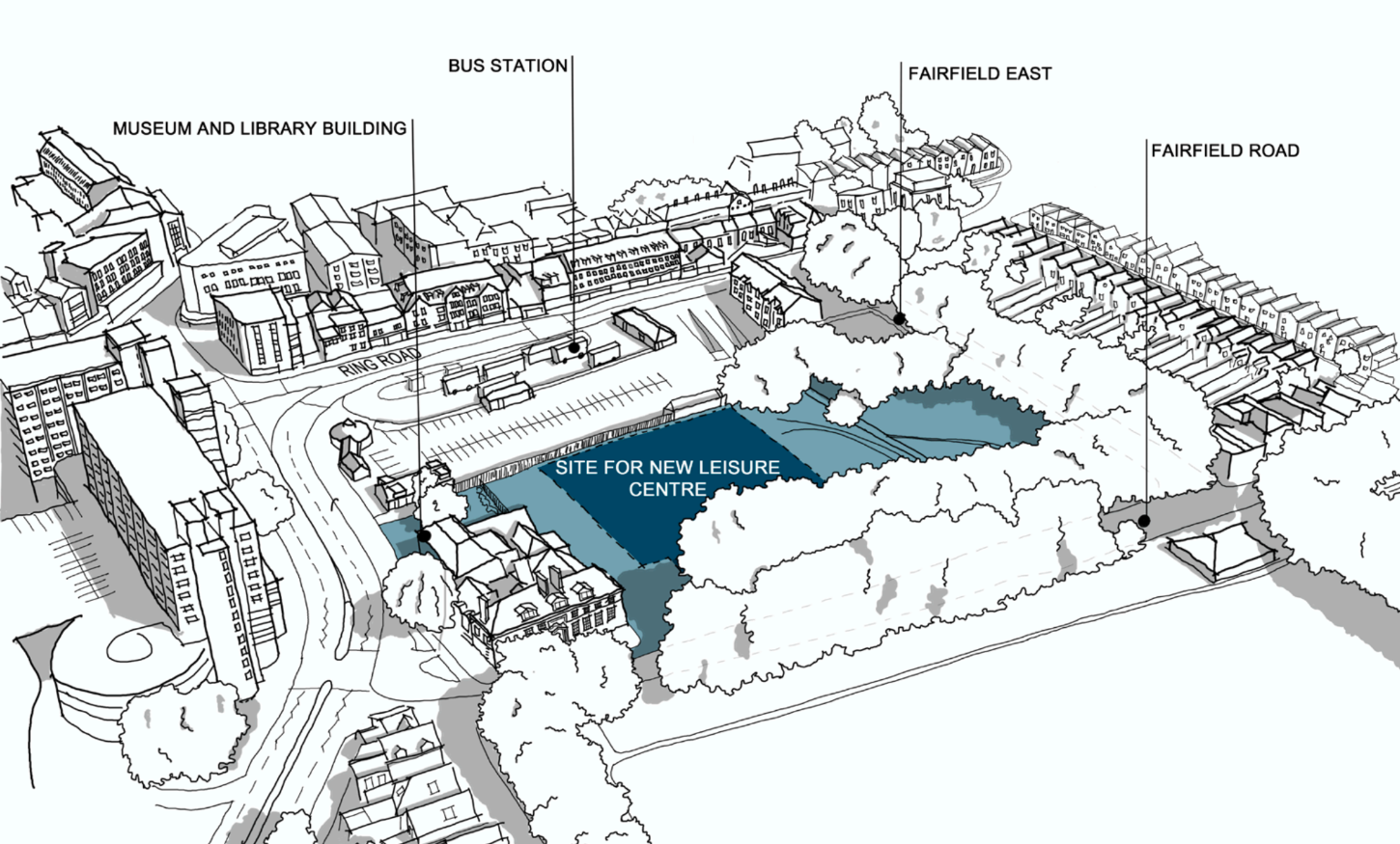 Image showing black and white map of the new leisure centre site and surrounding area, with the site to be developed shaded in blue.
